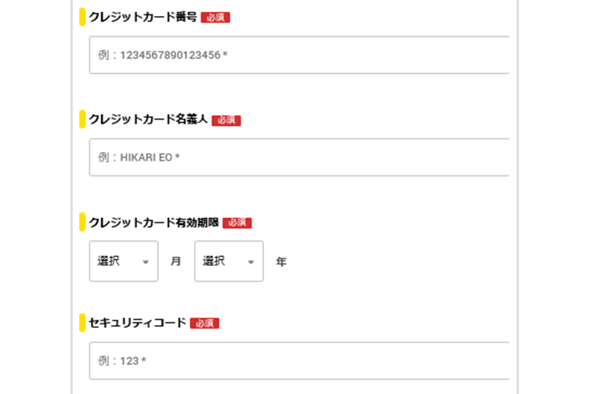 クレジットカード情報の入力画面 - eo光の申し込み