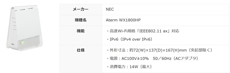 NECの「Aterm WX1800HP」（ビッグローブ光のレンタルルーター）