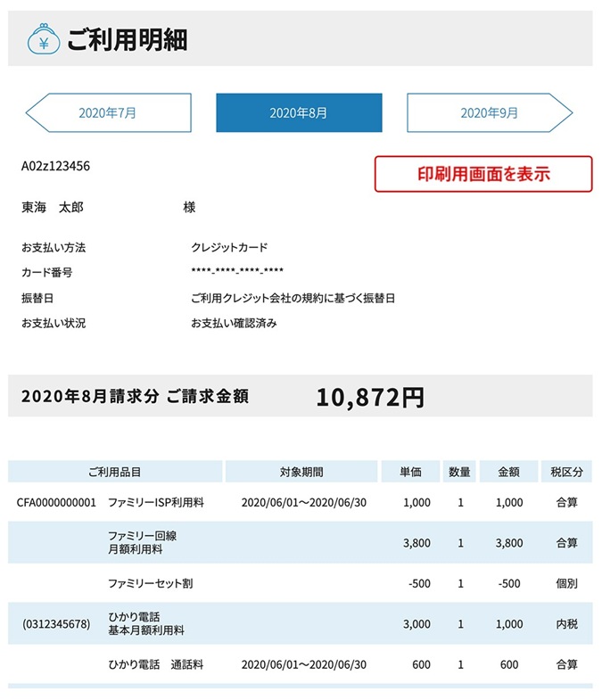 TCOMヒカリのご利用明細のイメージ図